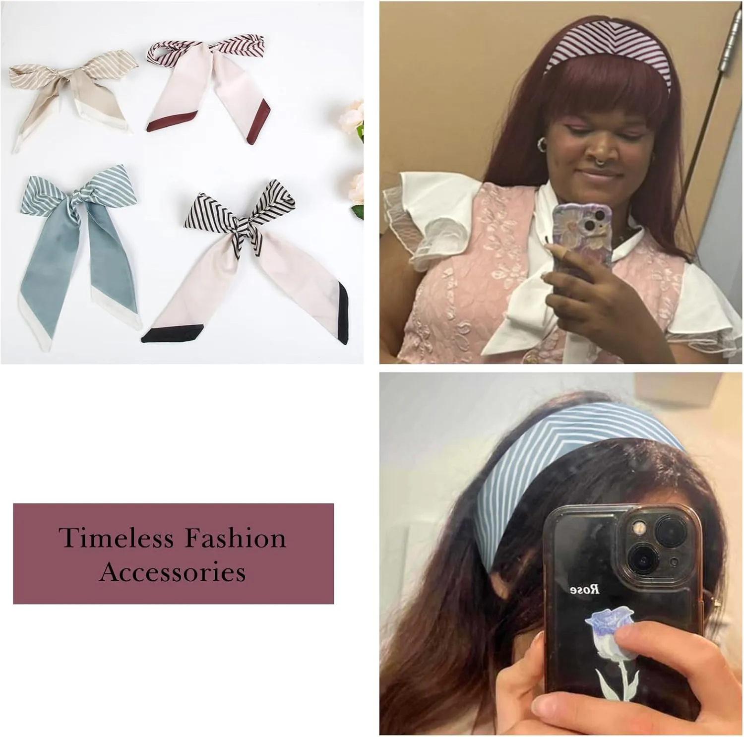 4Pcs Fashion Scarves for Women, Multifunctional Boho Scarves Headbands Satin Scarf for Bag Hair Accessories
