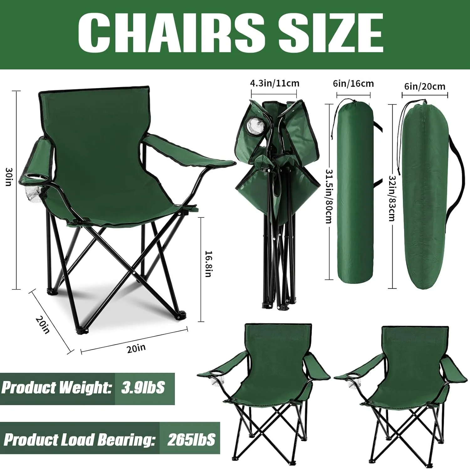 5 Pcs Summer Portable Camping Chair and Folding Camping Table Set Outdoor Oxford Fabric Folding Chair Lawn Portable Camp Table with Cup Holder Carry Bag for Travel Fishing Sport(Army Green)