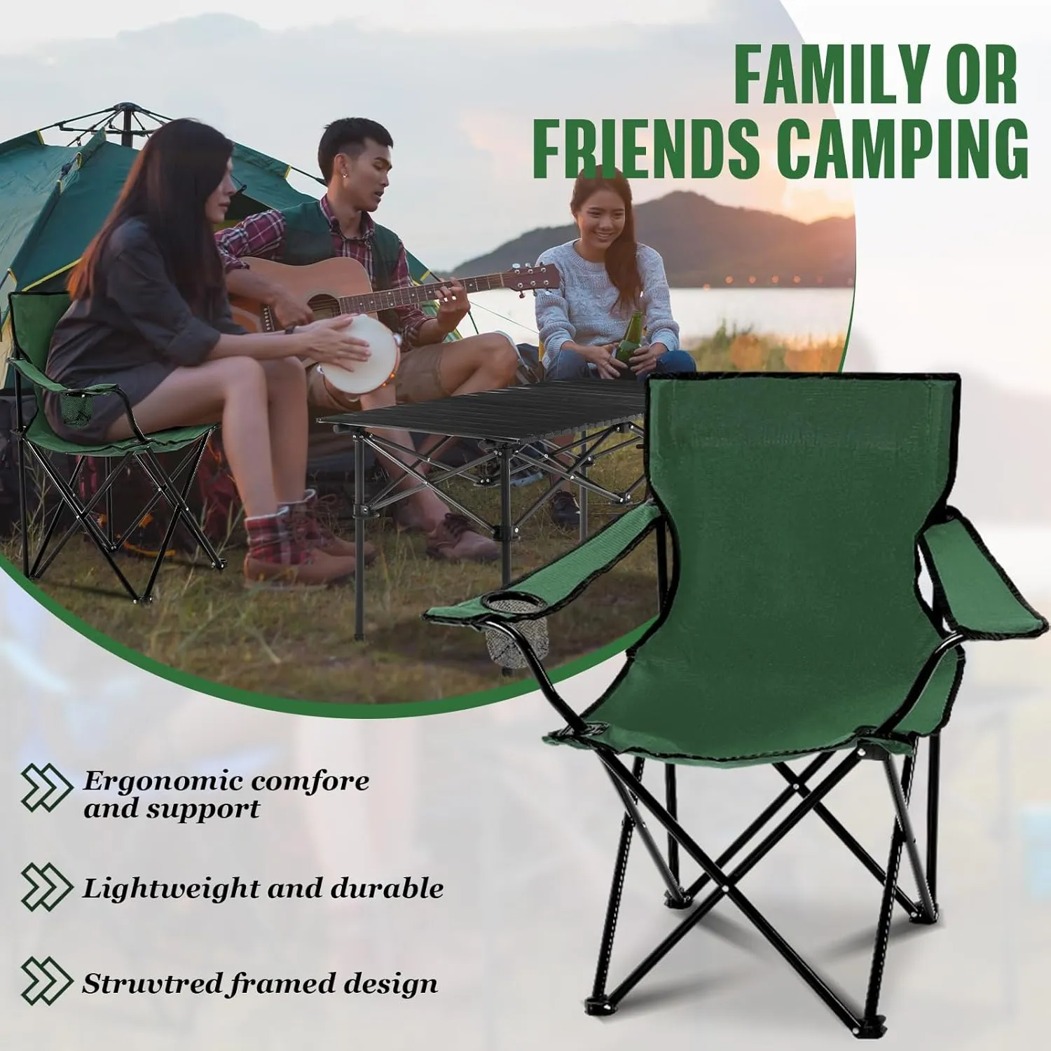 5 Pcs Summer Portable Camping Chair and Folding Camping Table Set Outdoor Oxford Fabric Folding Chair Lawn Portable Camp Table with Cup Holder Carry Bag for Travel Fishing Sport(Army Green)