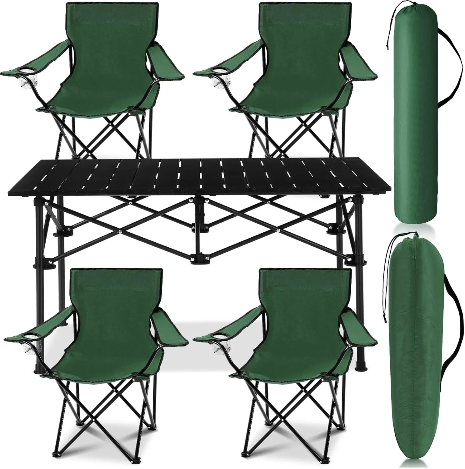 5 Pcs Summer Portable Camping Chair and Folding Camping Table Set Outdoor Oxford Fabric Folding Chair Lawn Portable Camp Table with Cup Holder Carry Bag for Travel Fishing Sport(Army Green)