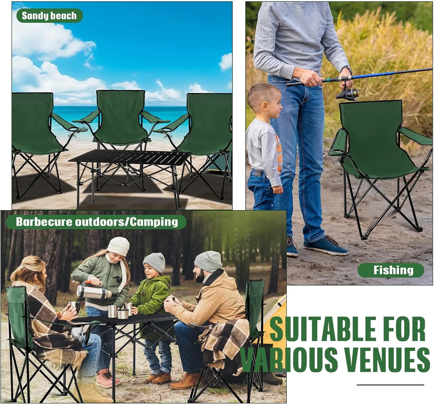 5 Pcs Summer Portable Camping Chair and Folding Camping Table Set Outdoor Oxford Fabric Folding Chair Lawn Portable Camp Table with Cup Holder Carry Bag for Travel Fishing Sport(Army Green)