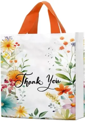 50 Count 9.8'' x 11.8'' Plastic Merchandise Thank You Bags, Retail Bags with Handle for Customers Parties Favors Goodies - Flower 1