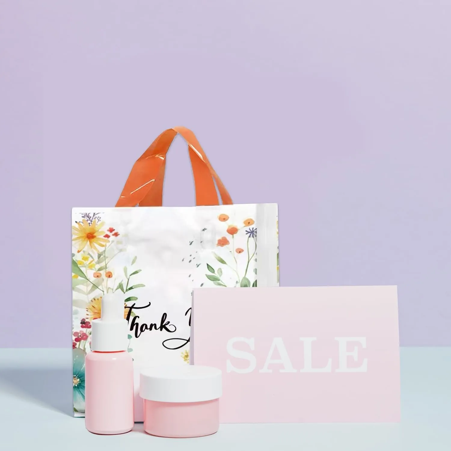 50 Count 9.8'' x 11.8'' Plastic Merchandise Thank You Bags, Retail Bags with Handle for Customers Parties Favors Goodies - Flower 1