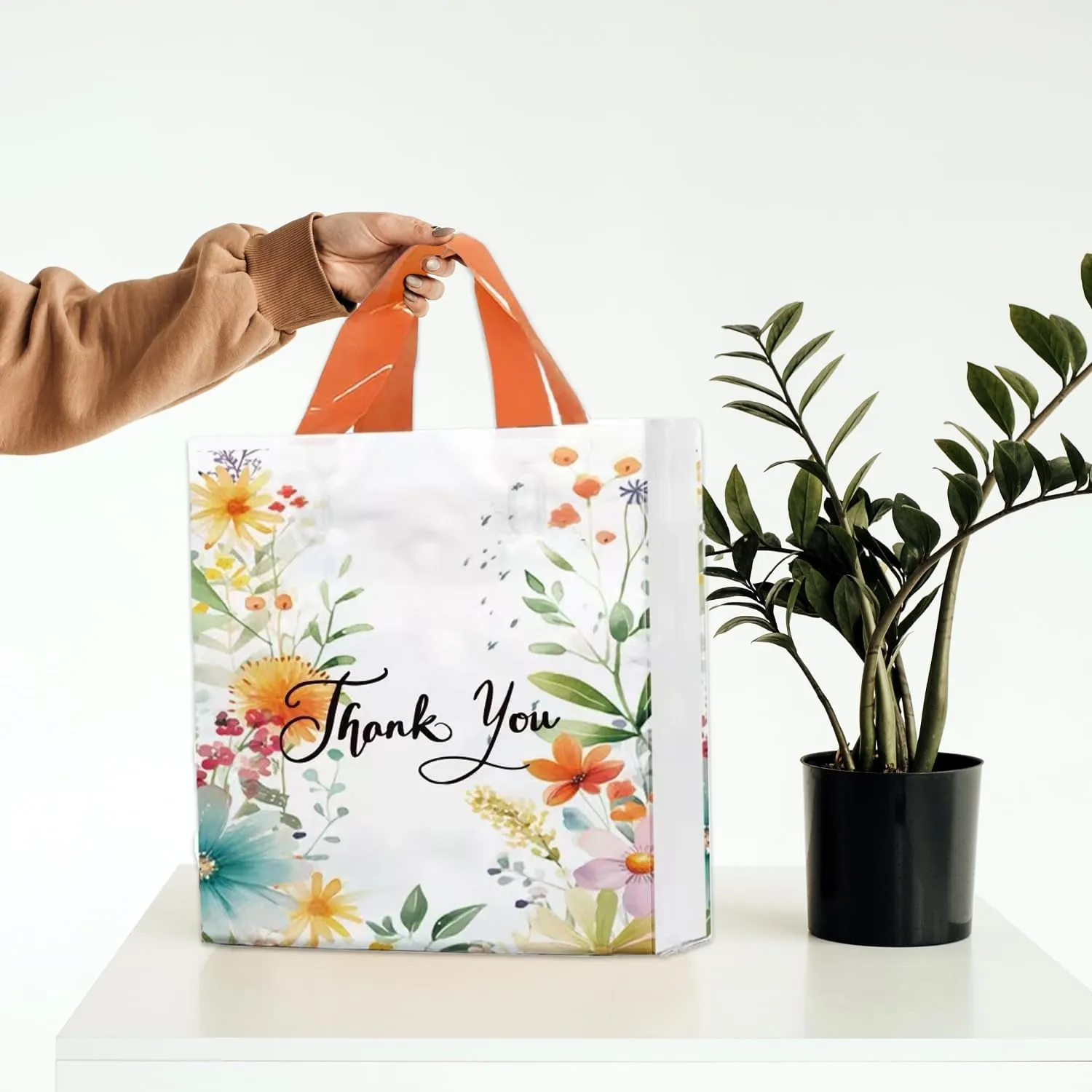 50 Count 9.8'' x 11.8'' Plastic Merchandise Thank You Bags, Retail Bags with Handle for Customers Parties Favors Goodies - Flower 1