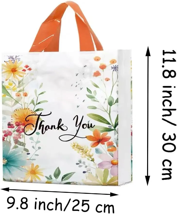 50 Count 9.8'' x 11.8'' Plastic Merchandise Thank You Bags, Retail Bags with Handle for Customers Parties Favors Goodies - Flower 1