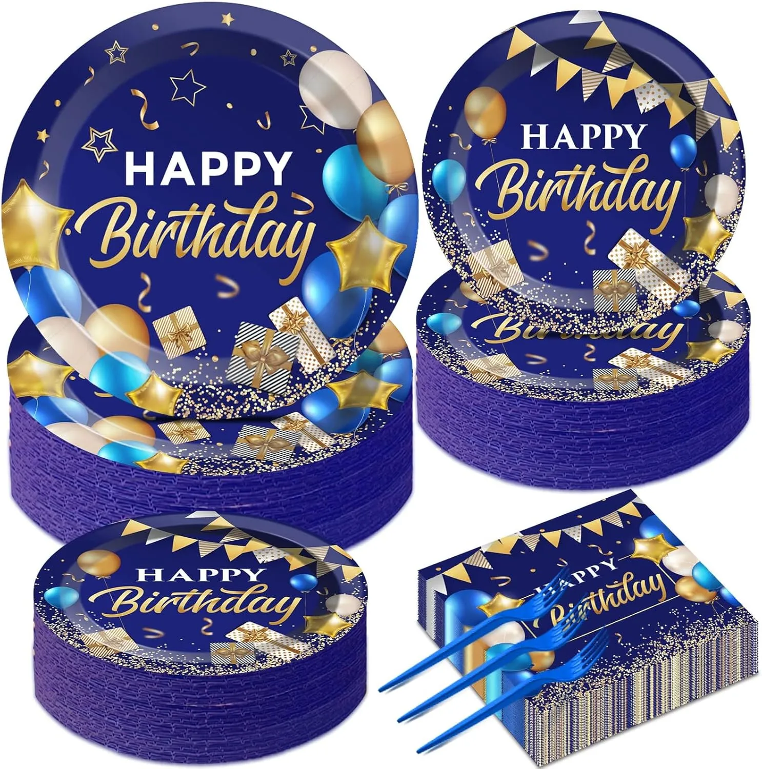 50 Guest Blue & Gold Birthday Party Plates, Napkins & Tableware Set - 200 PCS