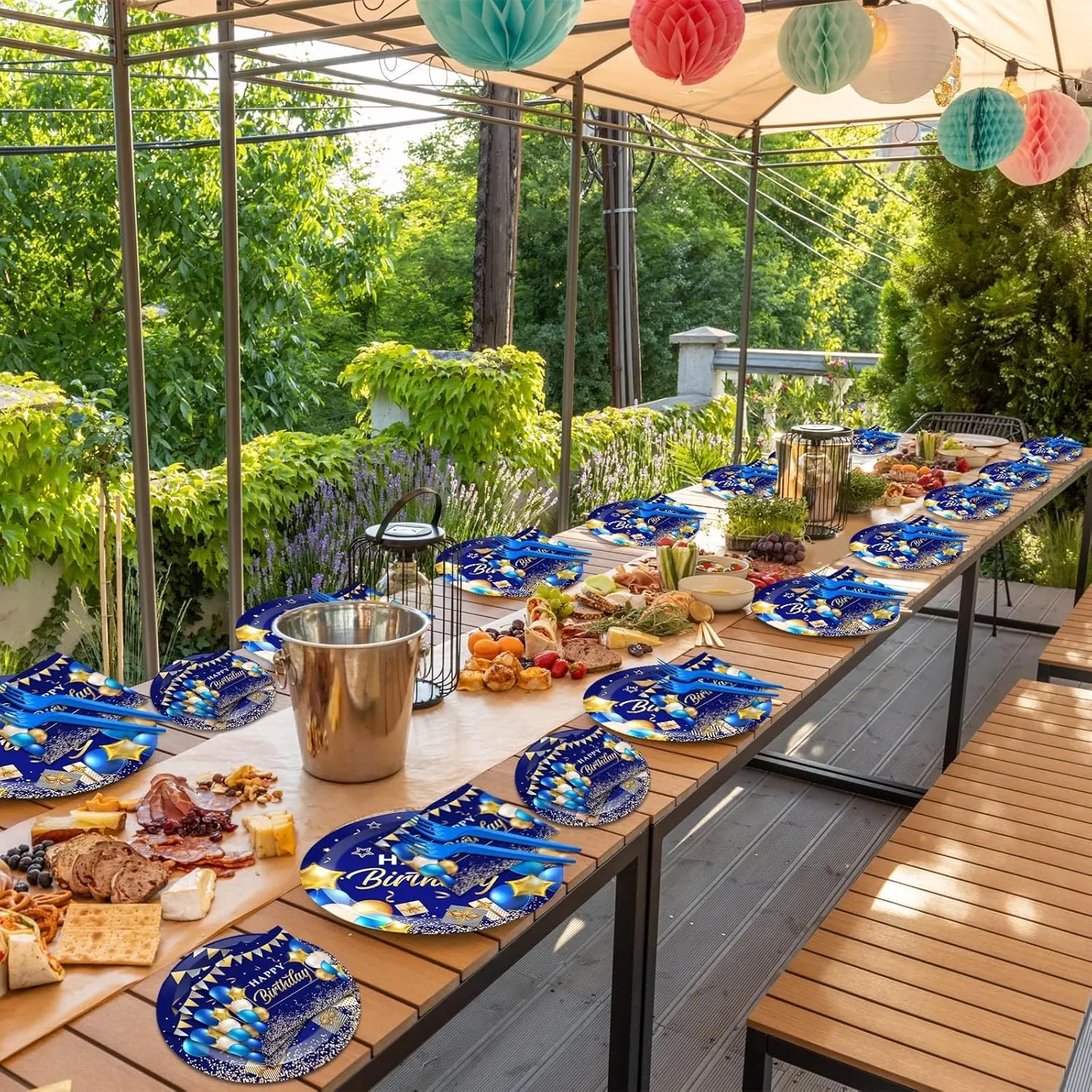 50 Guest Blue & Gold Birthday Party Plates, Napkins & Tableware Set - 200 PCS