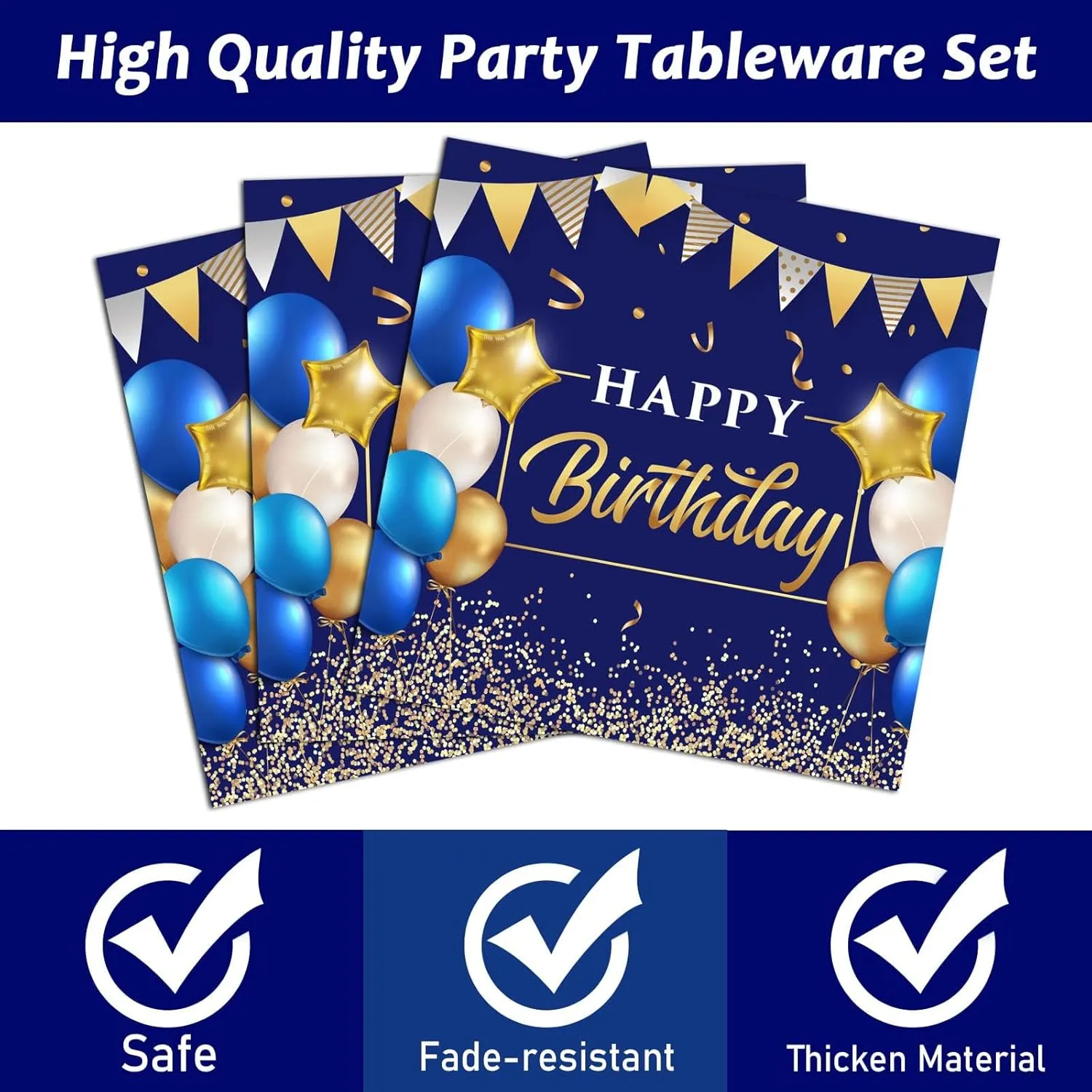 50 Guest Blue & Gold Birthday Party Plates, Napkins & Tableware Set - 200 PCS