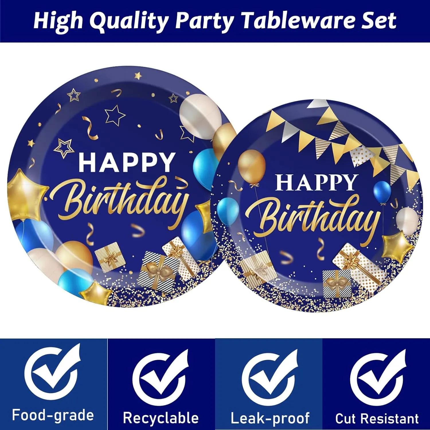 50 Guest Blue & Gold Birthday Party Plates, Napkins & Tableware Set - 200 PCS