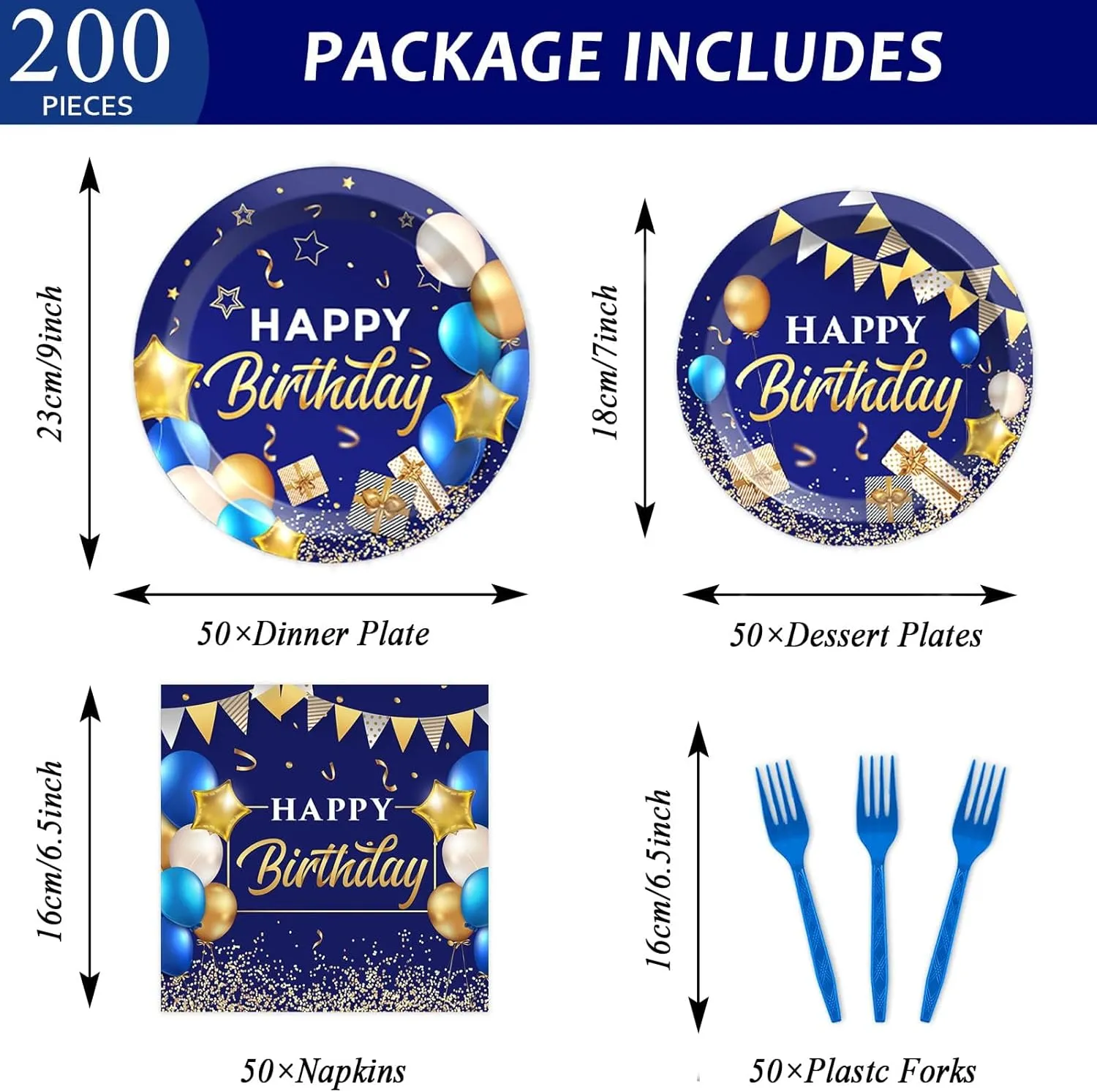 50 Guest Blue & Gold Birthday Party Plates, Napkins & Tableware Set - 200 PCS
