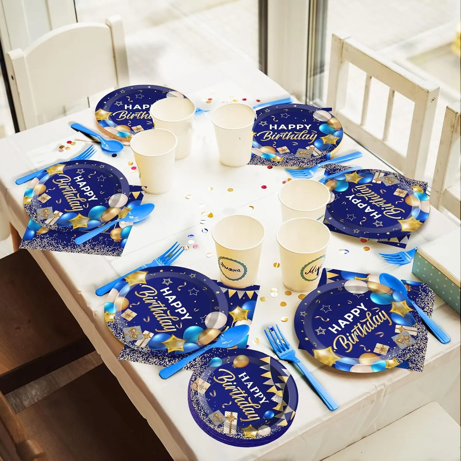 50 Guest Blue & Gold Birthday Party Plates, Napkins & Tableware Set - 200 PCS
