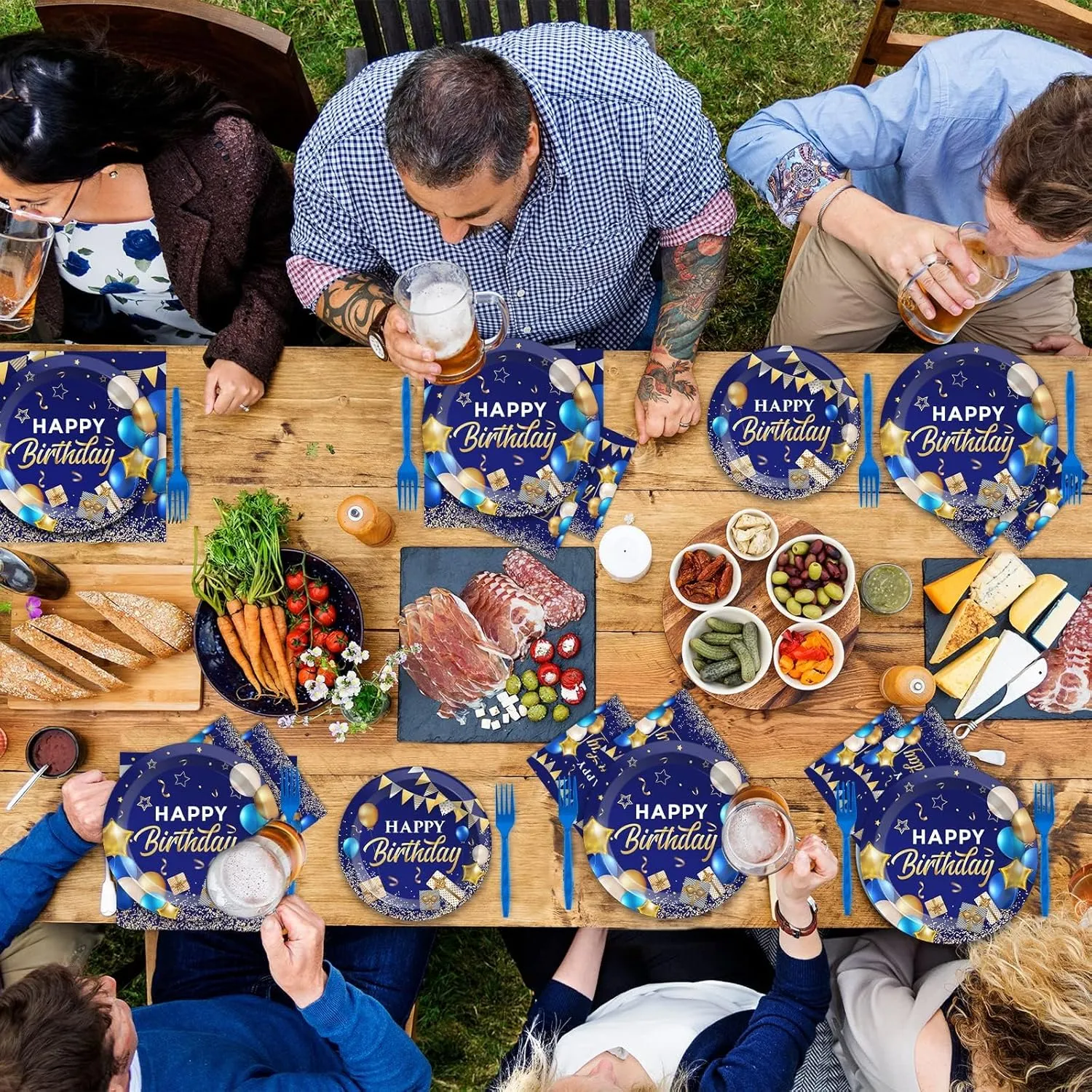 50 Guest Blue & Gold Birthday Party Plates, Napkins & Tableware Set - 200 PCS