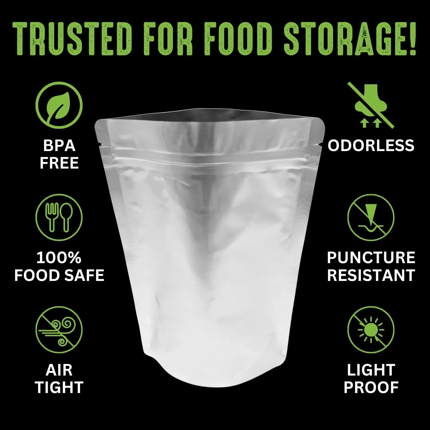 50 Mylar Bags for Food Storage, Airtight 7-Mil Thick Gusseted Zip Lock, Long Term, Reusable, Emergency Food Supply & Freeze Dryer Bags - 3 Cups 6.5x8.5 Inch