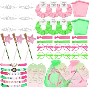54 Pack Pink and Green Decorations Witch Themed Party Favors Include Crown Broom Pens Friendship Bracelets Hair Scrunchies Eyeglass Frames Goodie Bags Birthday Supplies Movie Fan Gift