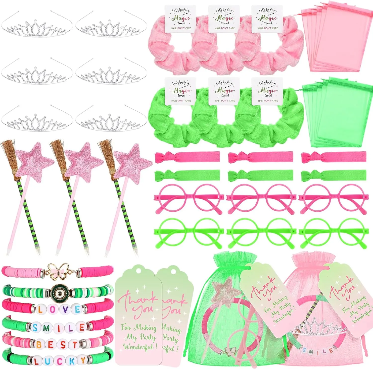 54 Pack Pink and Green Decorations Witch Themed Party Favors Include Crown Broom Pens Friendship Bracelets Hair Scrunchies Eyeglass Frames Goodie Bags Birthday Supplies Movie Fan Gift