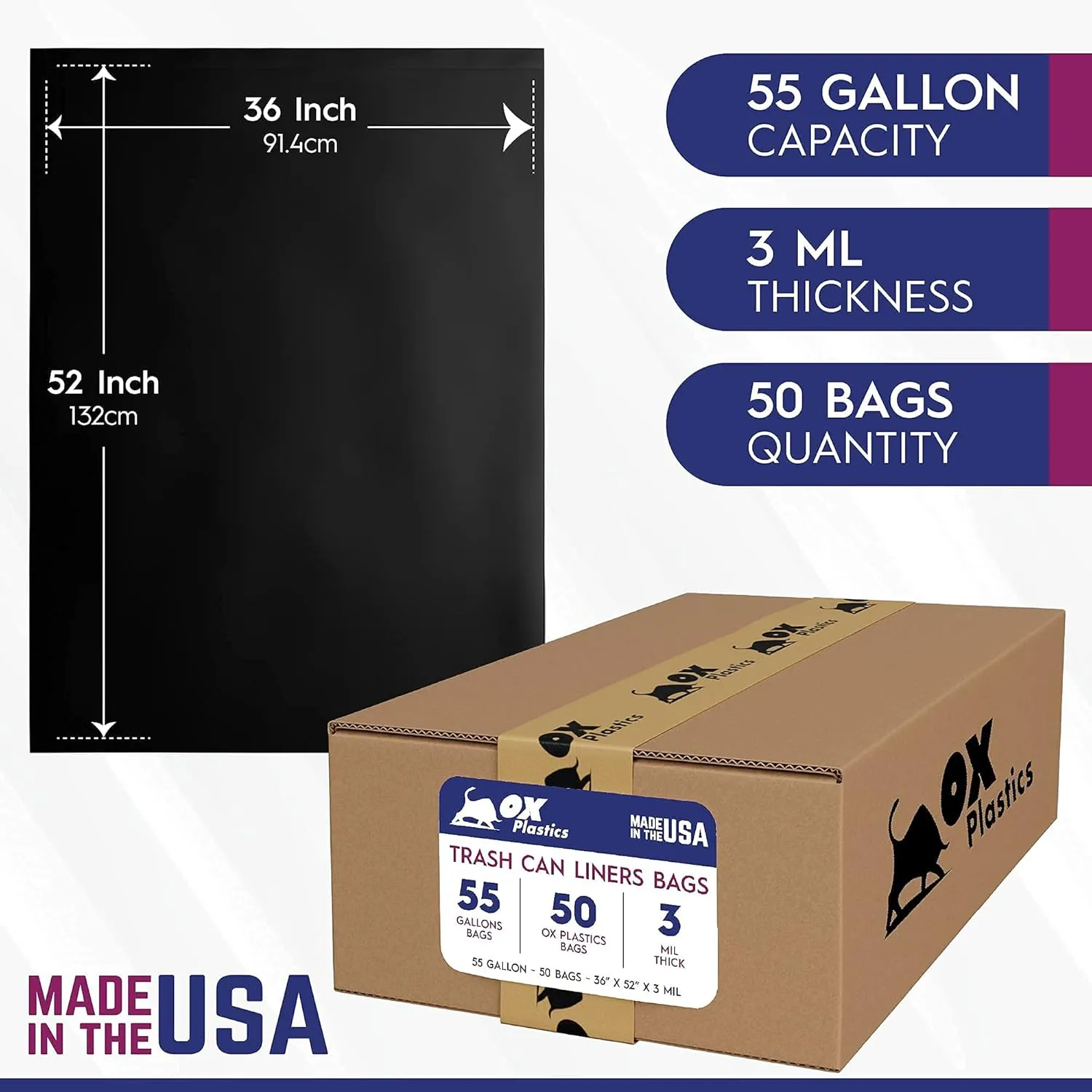 55 Galon Heavy Duty Black Trash Bags (3 MIL) - 50 Count Large 36x52 IN Thick Garbage Bags - Multipurpose Trash Can Liners for Contractors, Home Kitchen & Industrial Use (Made in USA)