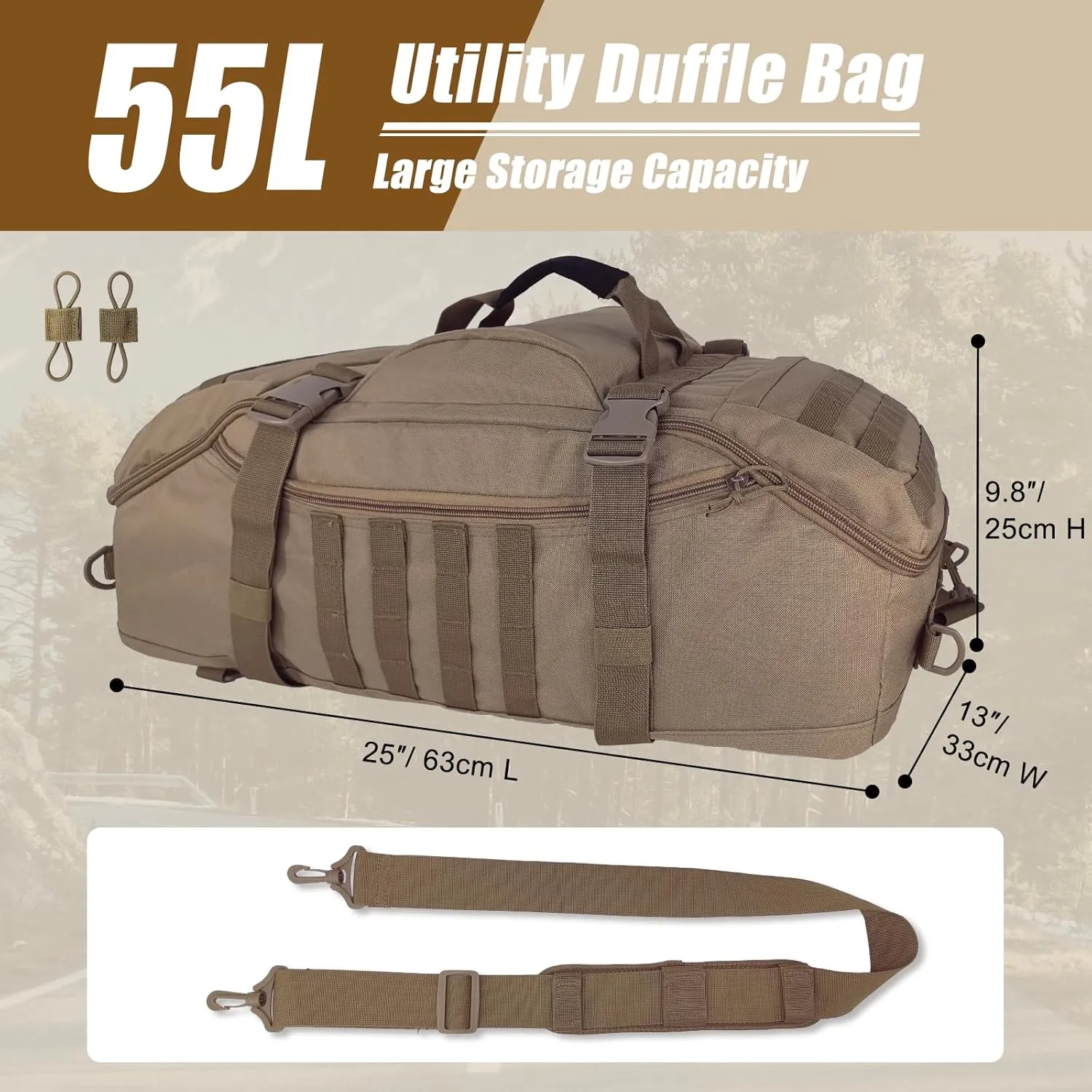 55L Large Travel Gym Duffle Bag Military Tactical Backpack, Army Pack 3 Day Bug Out Bag Rucksack for Outdoor Sport Hiking Camping with Molle System, Coyote