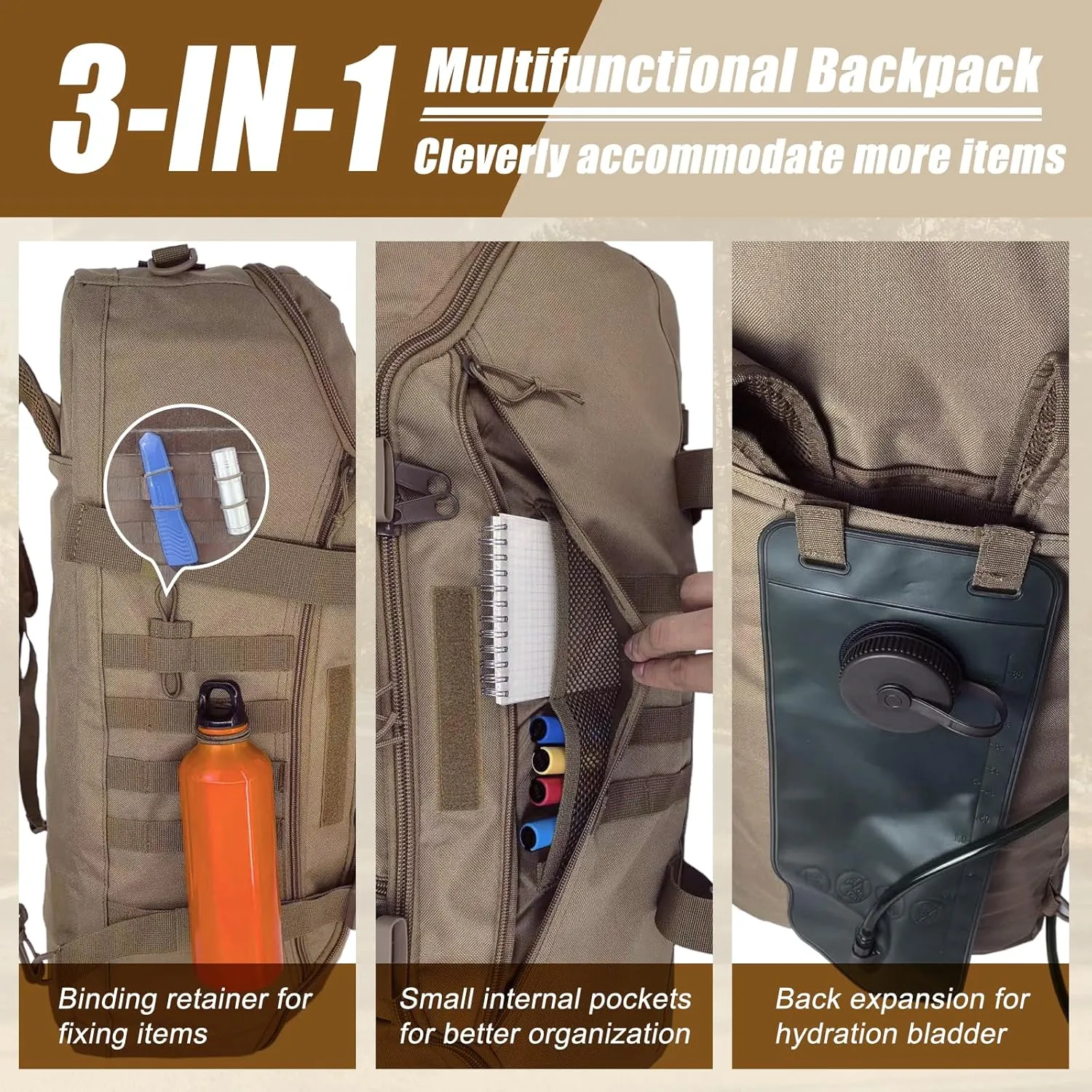 55L Large Travel Gym Duffle Bag Military Tactical Backpack, Army Pack 3 Day Bug Out Bag Rucksack for Outdoor Sport Hiking Camping with Molle System, Coyote
