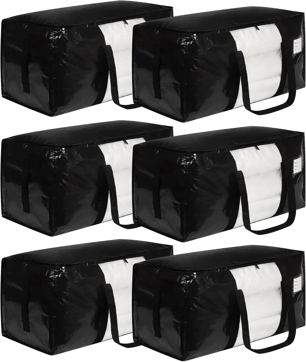 6 Pack Black Moving Bags with Clear Window, Storage Bags with Full Wrap Carrying Handles & Zippers,Large Packing Bag for Saving Space, Alternative to Moving Boxes