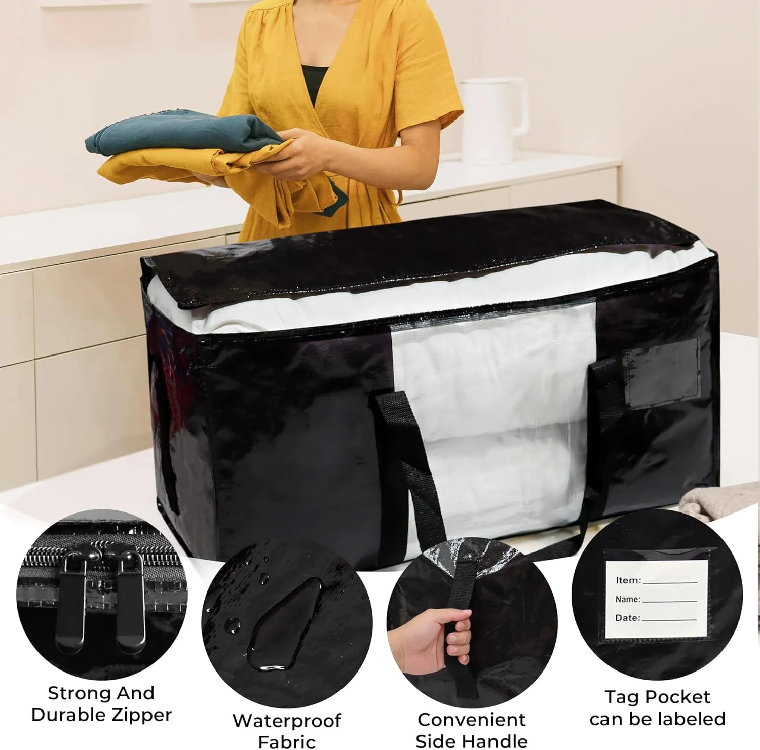 6 Pack Black Moving Bags with Clear Window, Storage Bags with Full Wrap Carrying Handles & Zippers,Large Packing Bag for Saving Space, Alternative to Moving Boxes