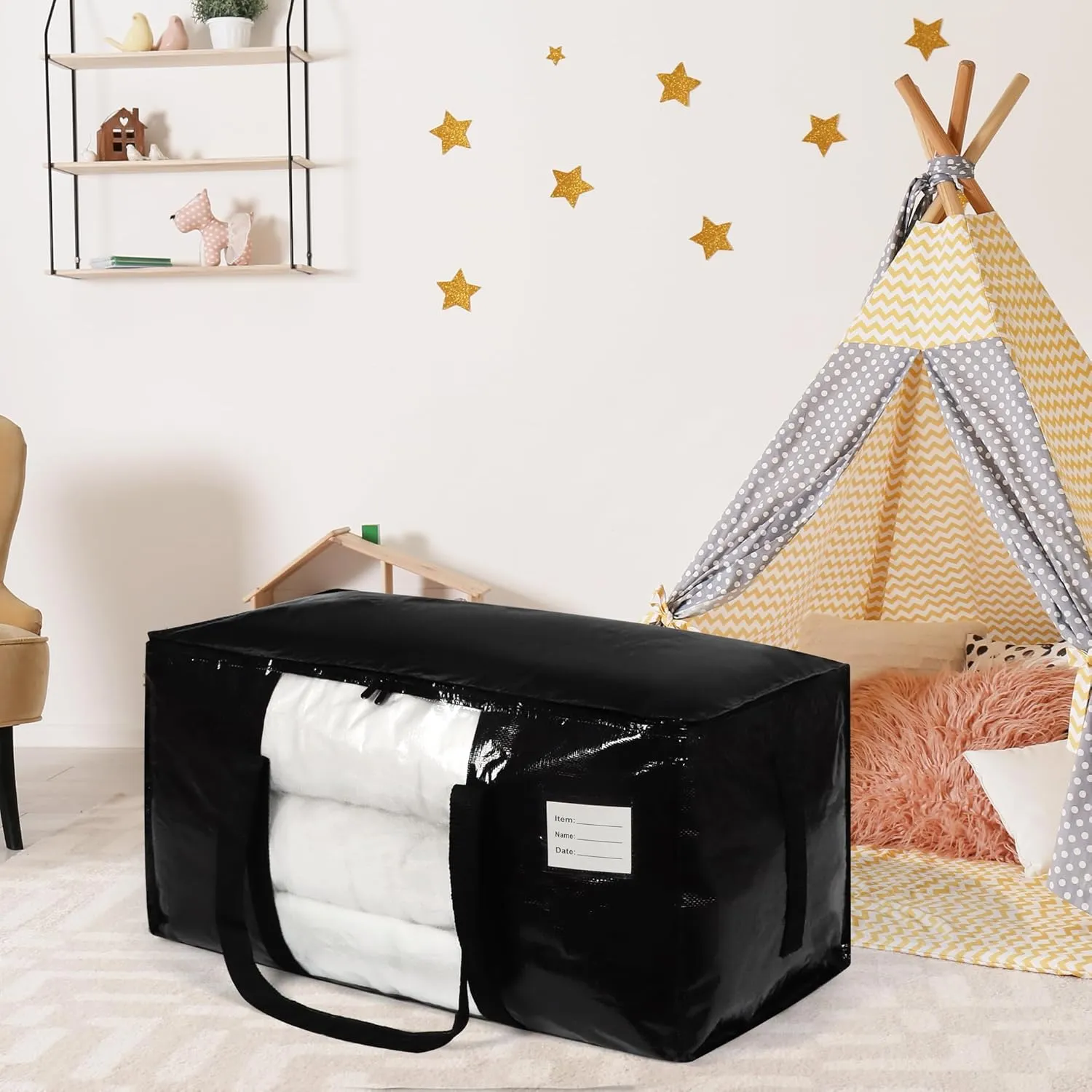 6 Pack Black Moving Bags with Clear Window, Storage Bags with Full Wrap Carrying Handles & Zippers,Large Packing Bag for Saving Space, Alternative to Moving Boxes