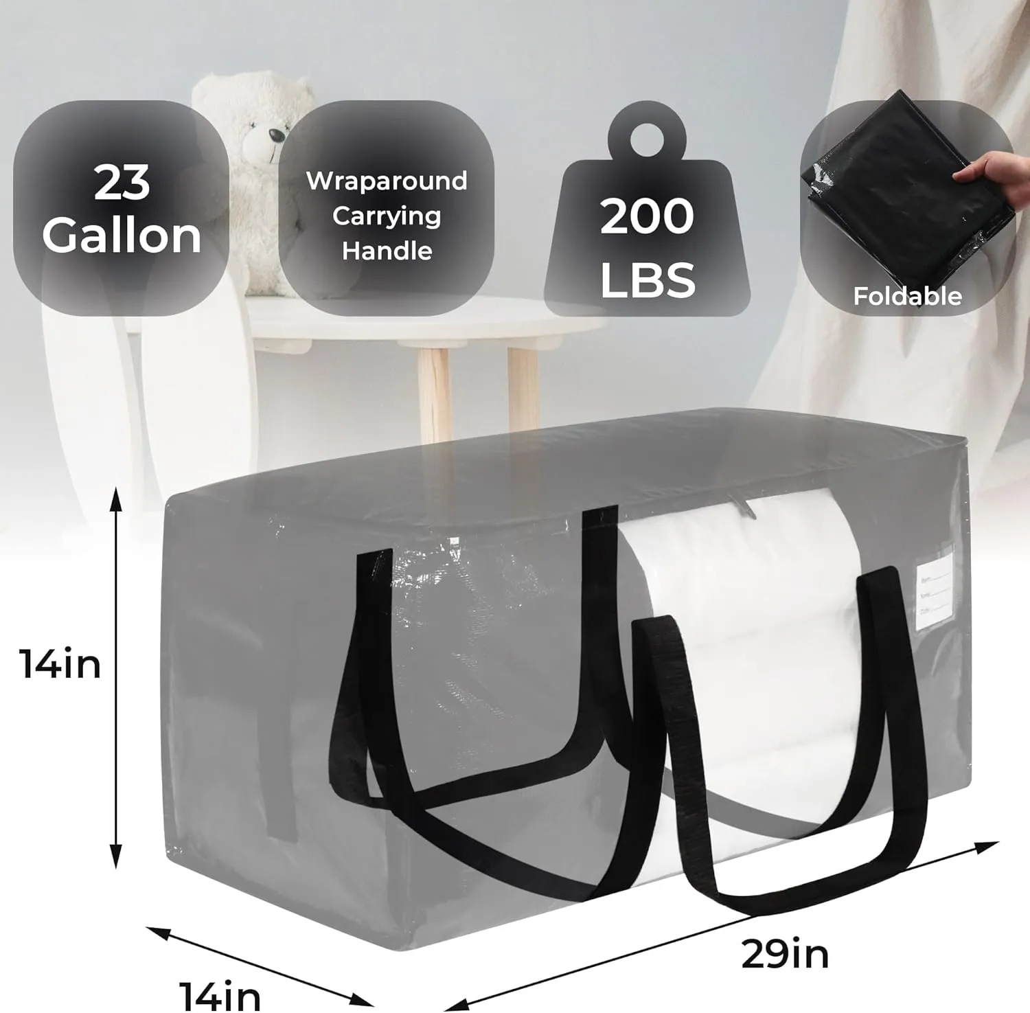 6 Pack Black Moving Bags with Clear Window, Storage Bags with Full Wrap Carrying Handles & Zippers,Large Packing Bag for Saving Space, Alternative to Moving Boxes