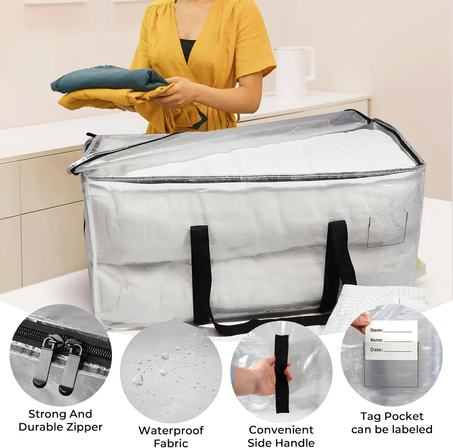 6 Pack Clear Moving Bags with Clear Window, Storage Bags with Full Wrap Carrying Handles & Zippers,Large Packing Bags for Saving Space, Alternative to Moving Boxes