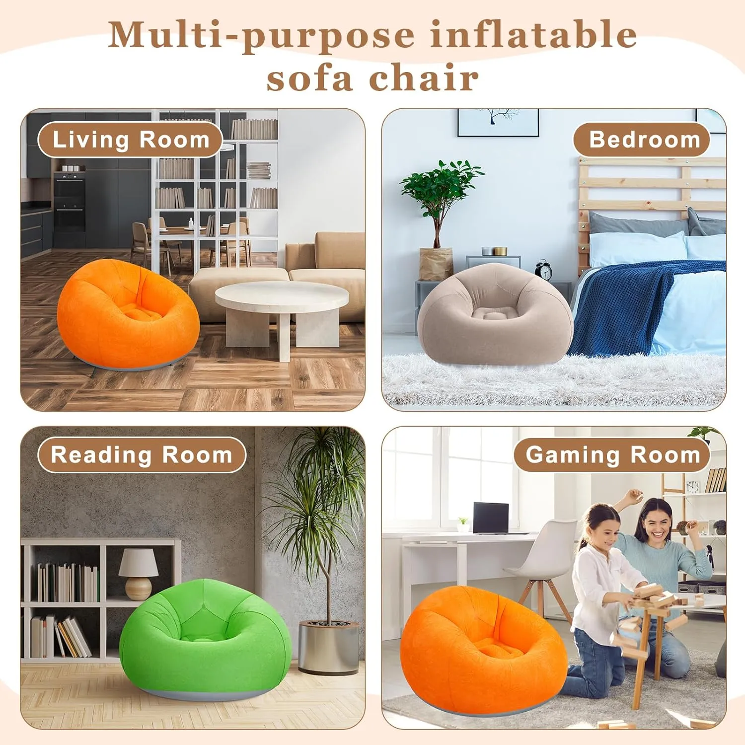 6 Pcs Bean Bag Chairs for Adults Inflatable Chairs with Electric Air Pump,Blow up Couch Folding Portable Inflatable Couch Lazy Sofa for Reading Living Room Camping (Coffee,Orange,Green)