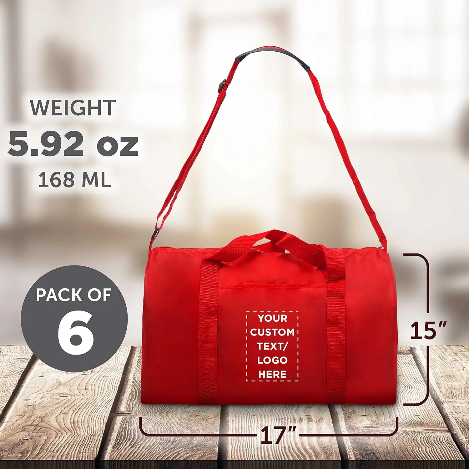 6 Sporty Duffle Bags Set - Customizable Text, Logo - Polyester, Adjustable Strap, Front Pocket, Roll Styling - Red