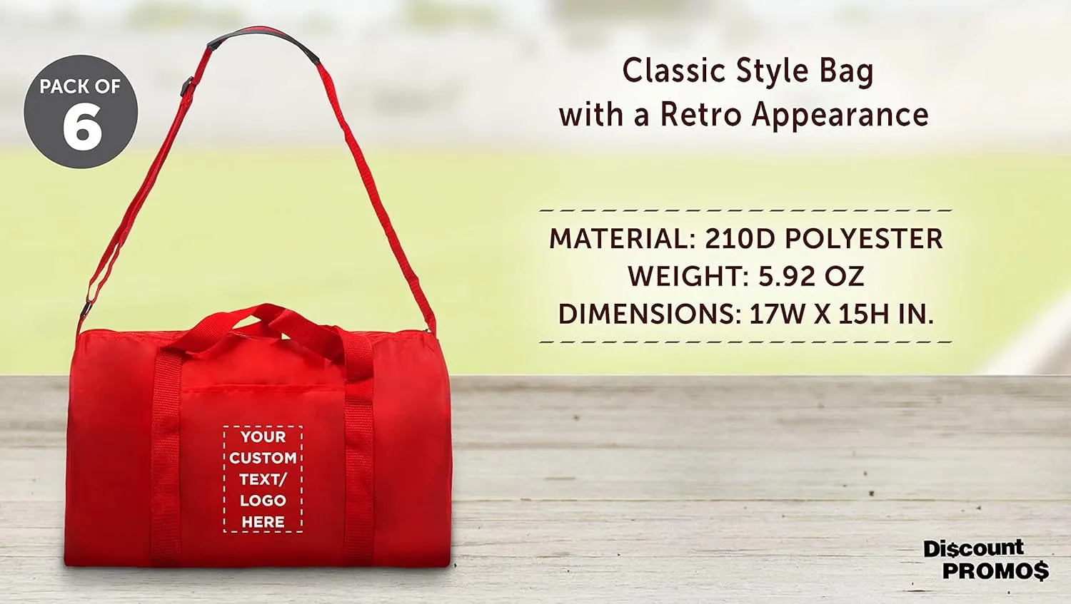 6 Sporty Duffle Bags Set - Customizable Text, Logo - Polyester, Adjustable Strap, Front Pocket, Roll Styling - Red