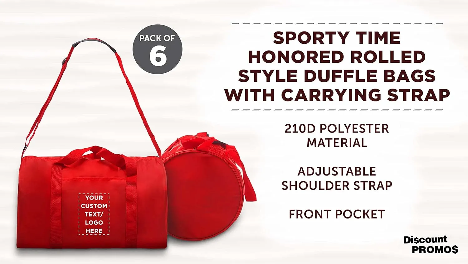 6 Sporty Duffle Bags Set - Customizable Text, Logo - Polyester, Adjustable Strap, Front Pocket, Roll Styling - Red