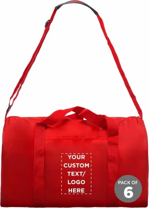 6 Sporty Duffle Bags Set - Customizable Text, Logo - Polyester, Adjustable Strap, Front Pocket, Roll Styling - Red