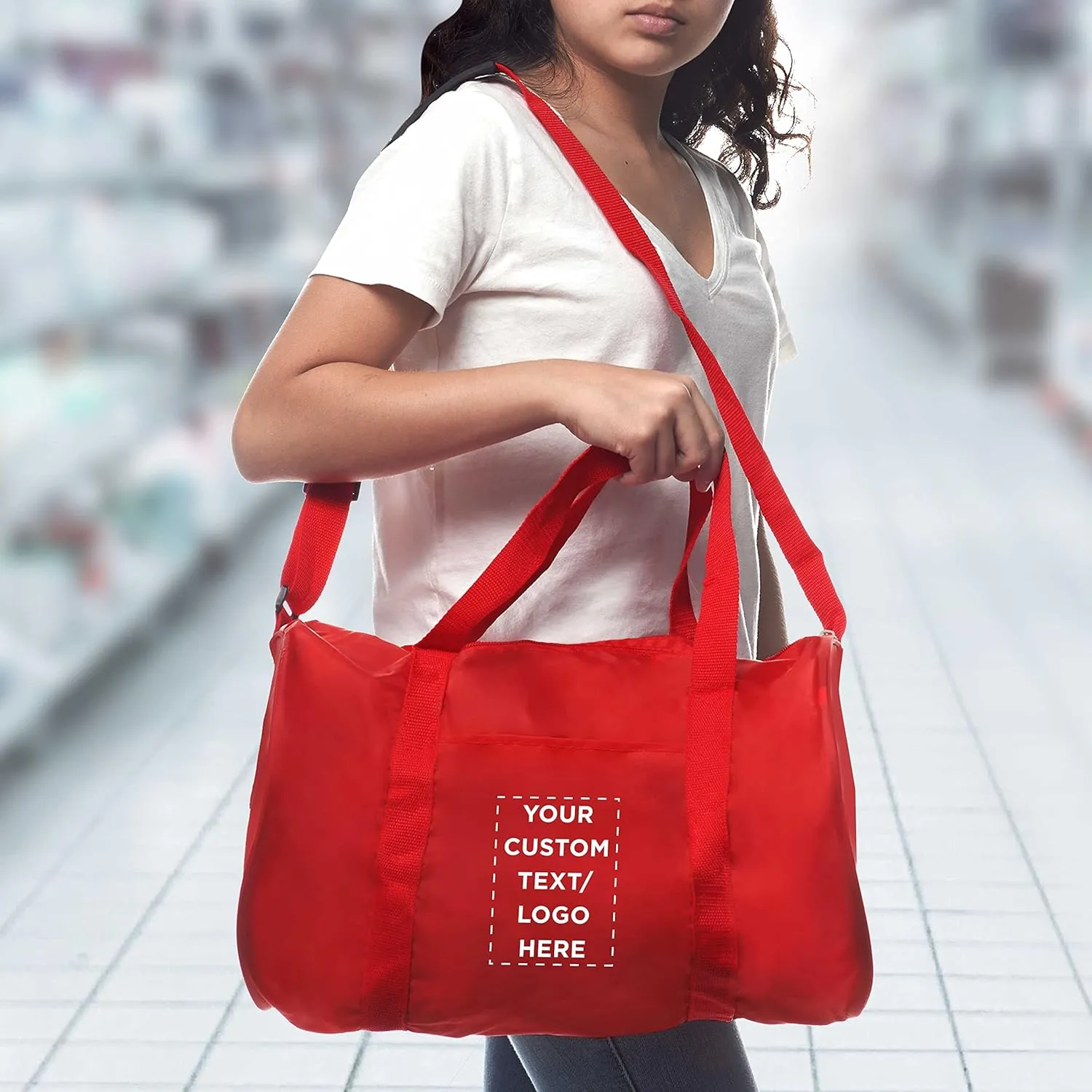6 Sporty Duffle Bags Set - Customizable Text, Logo - Polyester, Adjustable Strap, Front Pocket, Roll Styling - Red
