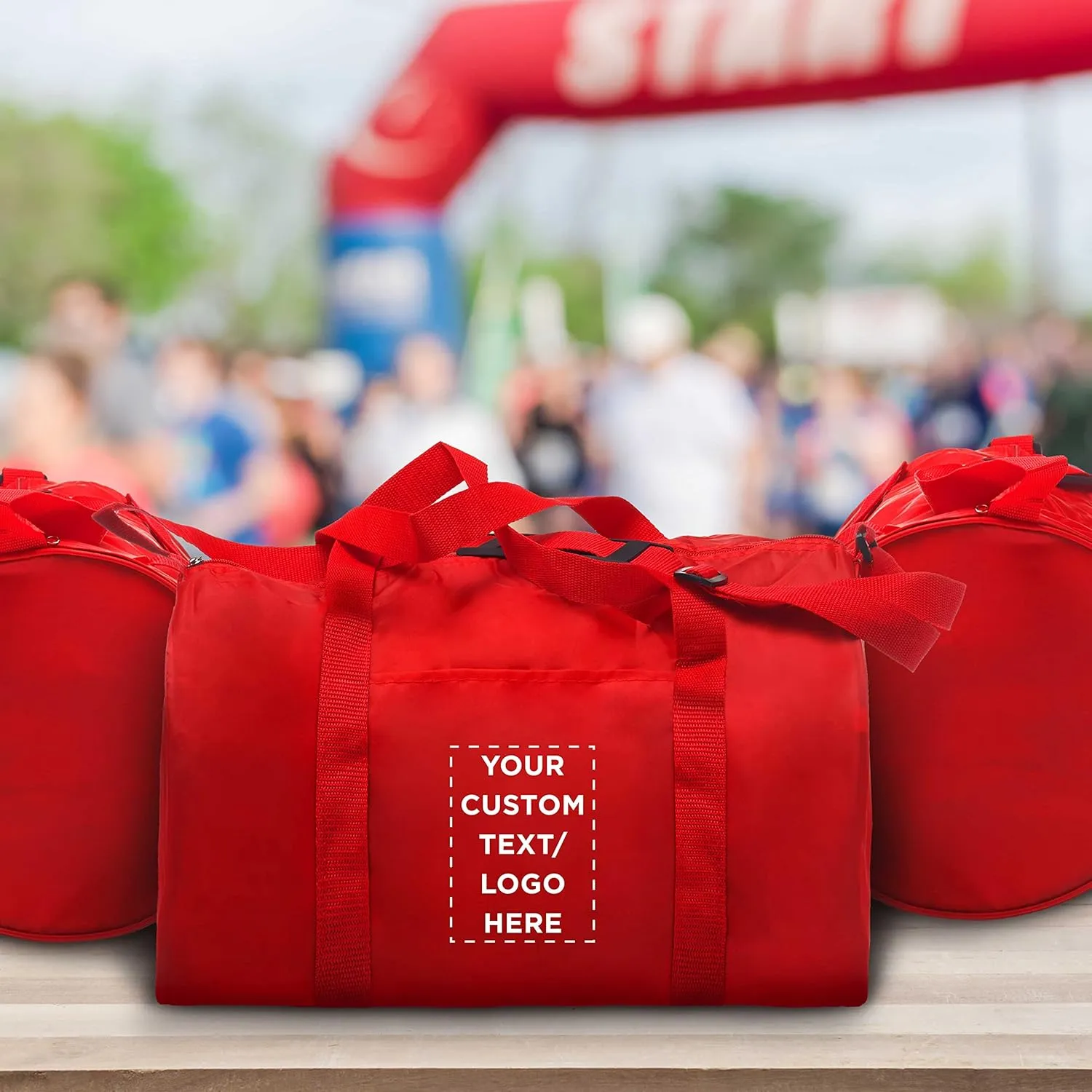 6 Sporty Duffle Bags Set - Customizable Text, Logo - Polyester, Adjustable Strap, Front Pocket, Roll Styling - Red