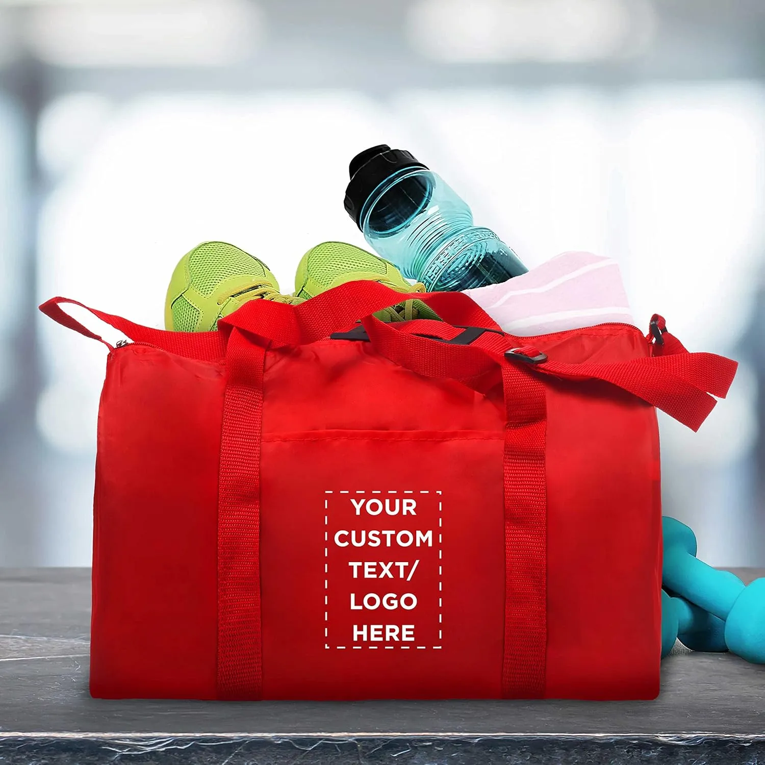 6 Sporty Duffle Bags Set - Customizable Text, Logo - Polyester, Adjustable Strap, Front Pocket, Roll Styling - Red