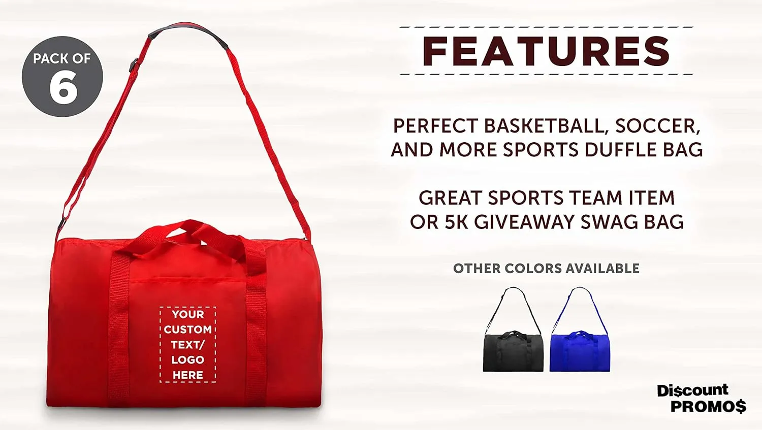 6 Sporty Duffle Bags Set - Customizable Text, Logo - Polyester, Adjustable Strap, Front Pocket, Roll Styling - Red