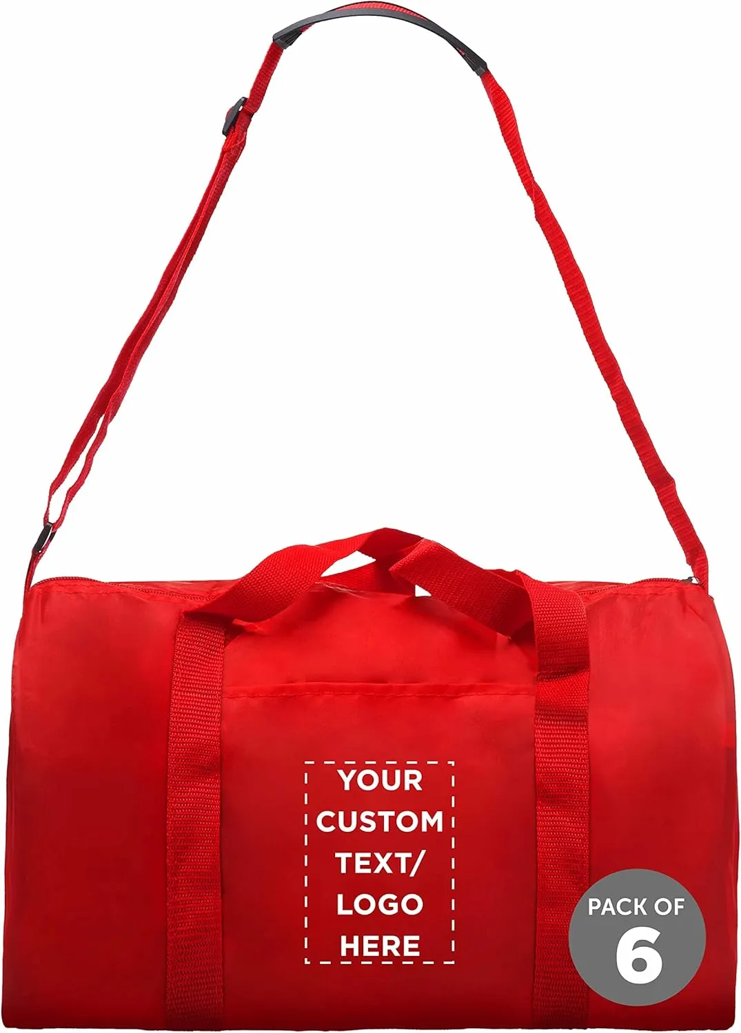 6 Sporty Duffle Bags Set - Customizable Text, Logo - Polyester, Adjustable Strap, Front Pocket, Roll Styling - Red