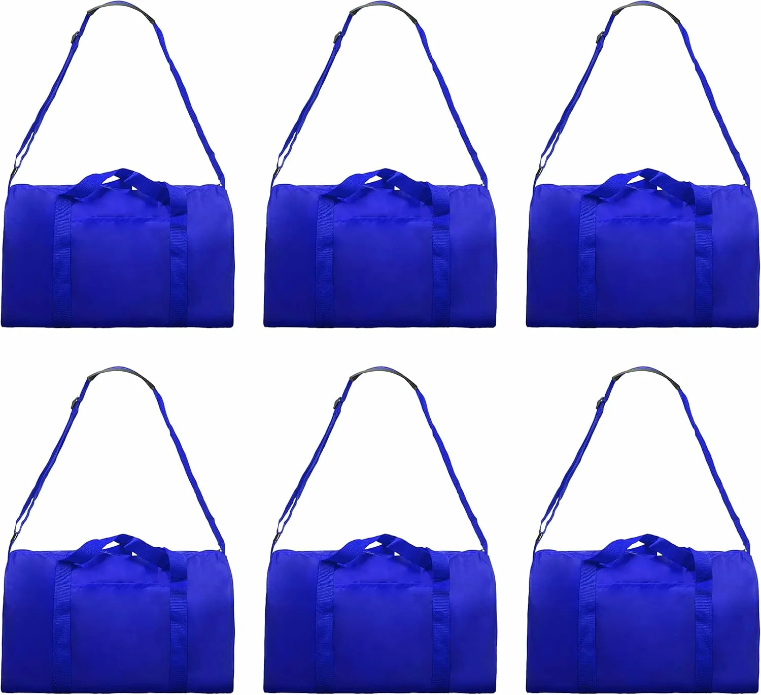 6 Sporty Duffle Bags Set - Polyester, Adjustable Strap, Front Pocket, Roll Styling - Royal Blue
