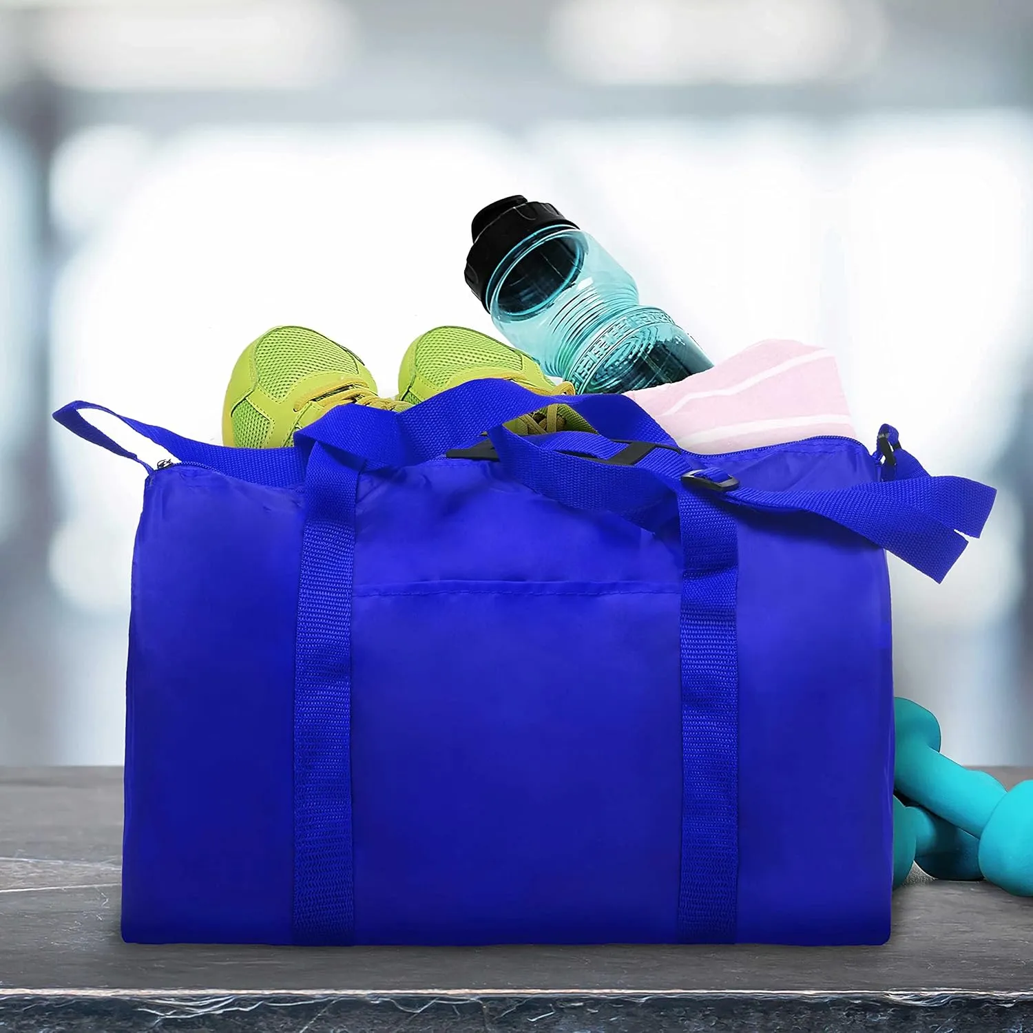 6 Sporty Duffle Bags Set - Polyester, Adjustable Strap, Front Pocket, Roll Styling - Royal Blue
