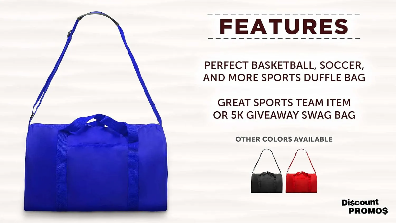 6 Sporty Duffle Bags Set - Polyester, Adjustable Strap, Front Pocket, Roll Styling - Royal Blue