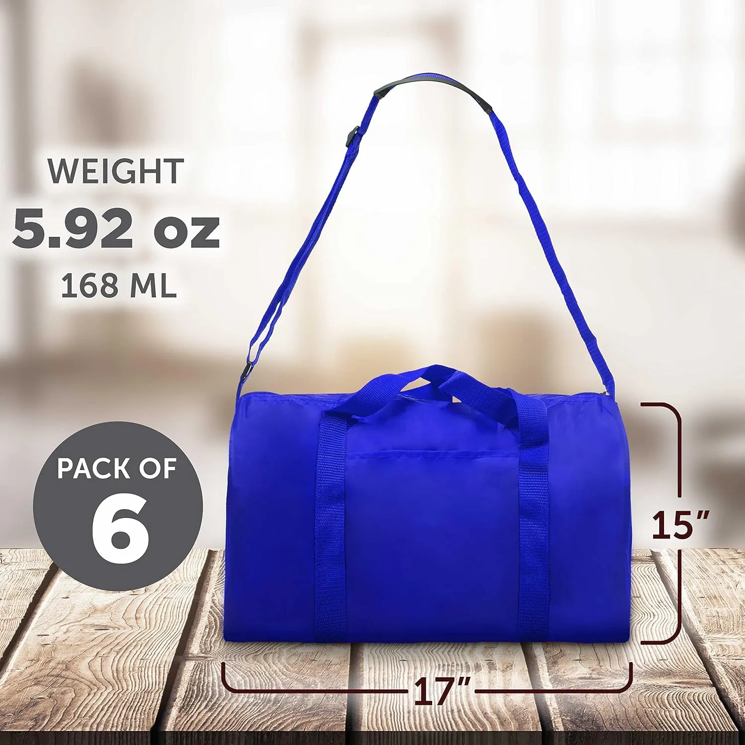 6 Sporty Duffle Bags Set - Polyester, Adjustable Strap, Front Pocket, Roll Styling - Royal Blue