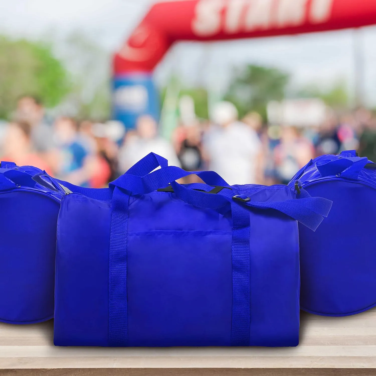 6 Sporty Duffle Bags Set - Polyester, Adjustable Strap, Front Pocket, Roll Styling - Royal Blue