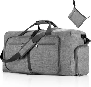 65L Large Foldable Travel Duffle Bag,Weekender Bag with Shoes Compartment and Adjustable Strap,Waterproof Duffel Bags for Men Women,E