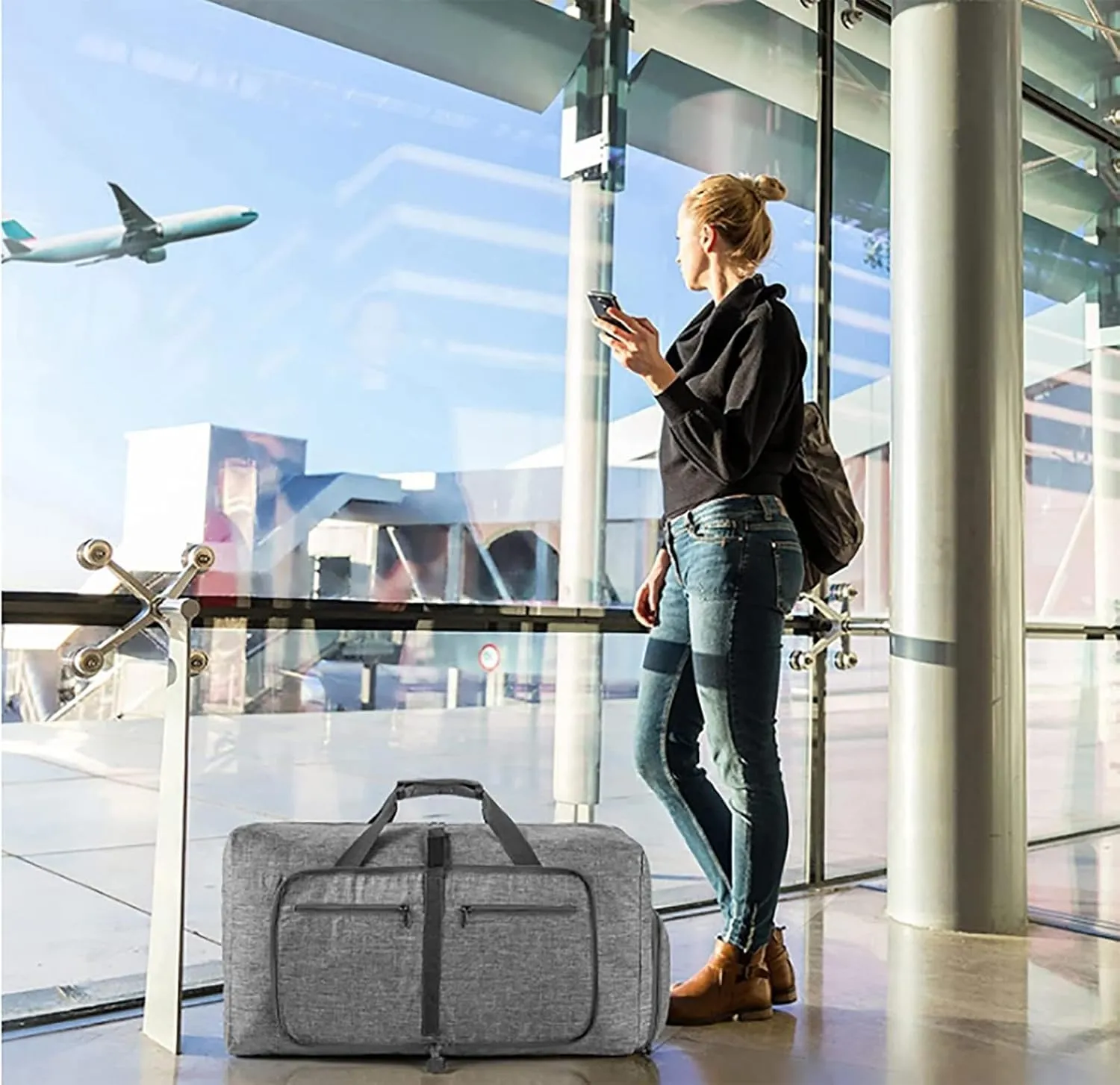 65L Large Foldable Travel Duffle Bag,Weekender Bag with Shoes Compartment and Adjustable Strap,Waterproof Duffel Bags for Men Women,E
