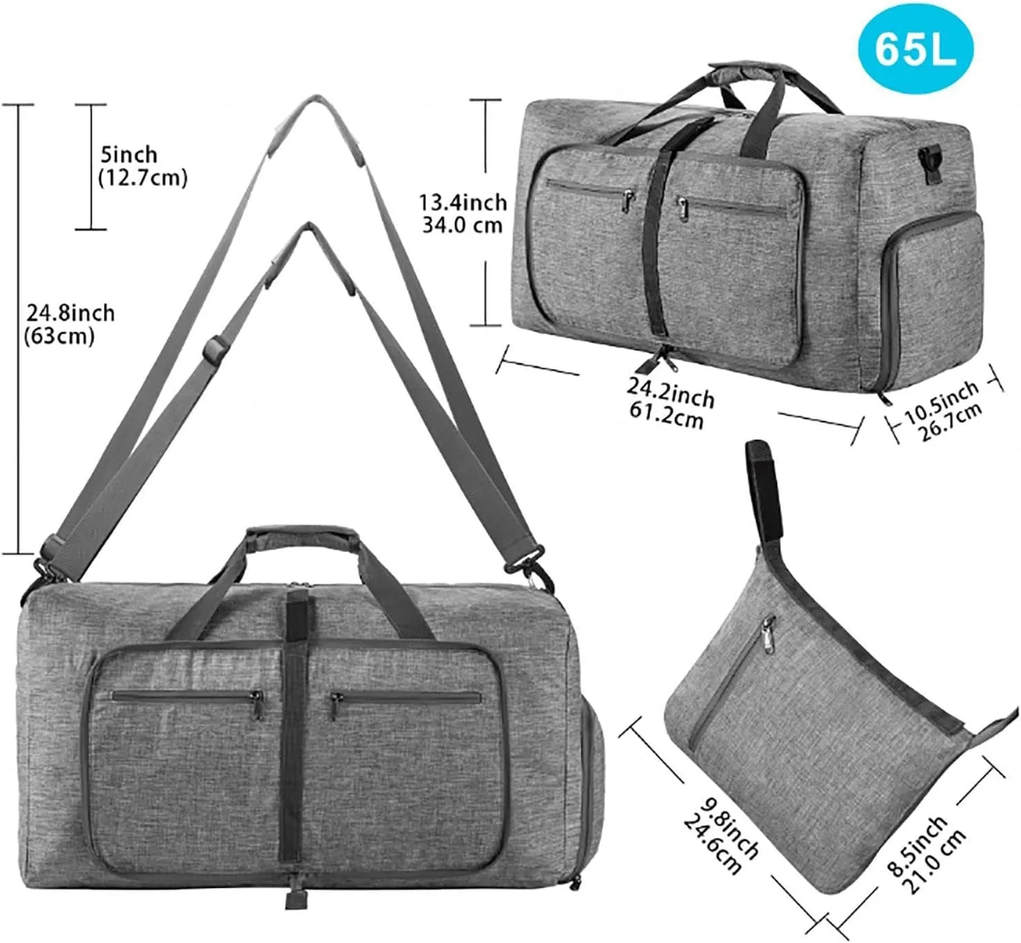 65L Large Foldable Travel Duffle Bag,Weekender Bag with Shoes Compartment and Adjustable Strap,Waterproof Duffel Bags for Men Women,E