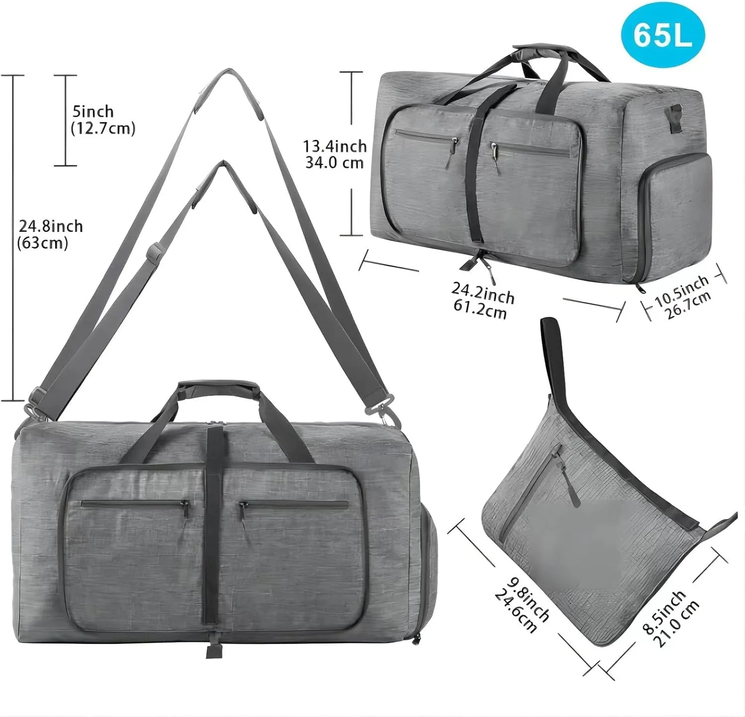 65L Travel Duffle Bag for Men Women Foldable Large Capacity Travel Totes Bag with Shoes Compartment Overnight Bag (Grey,65L)