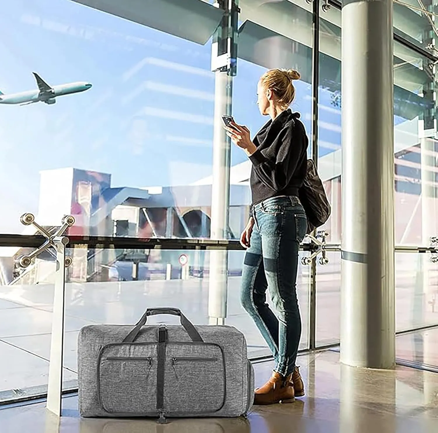 65L Travel Duffle Bag for Men Women Foldable Large Capacity Travel Totes Bag with Shoes Compartment Overnight Bag (Grey,65L)