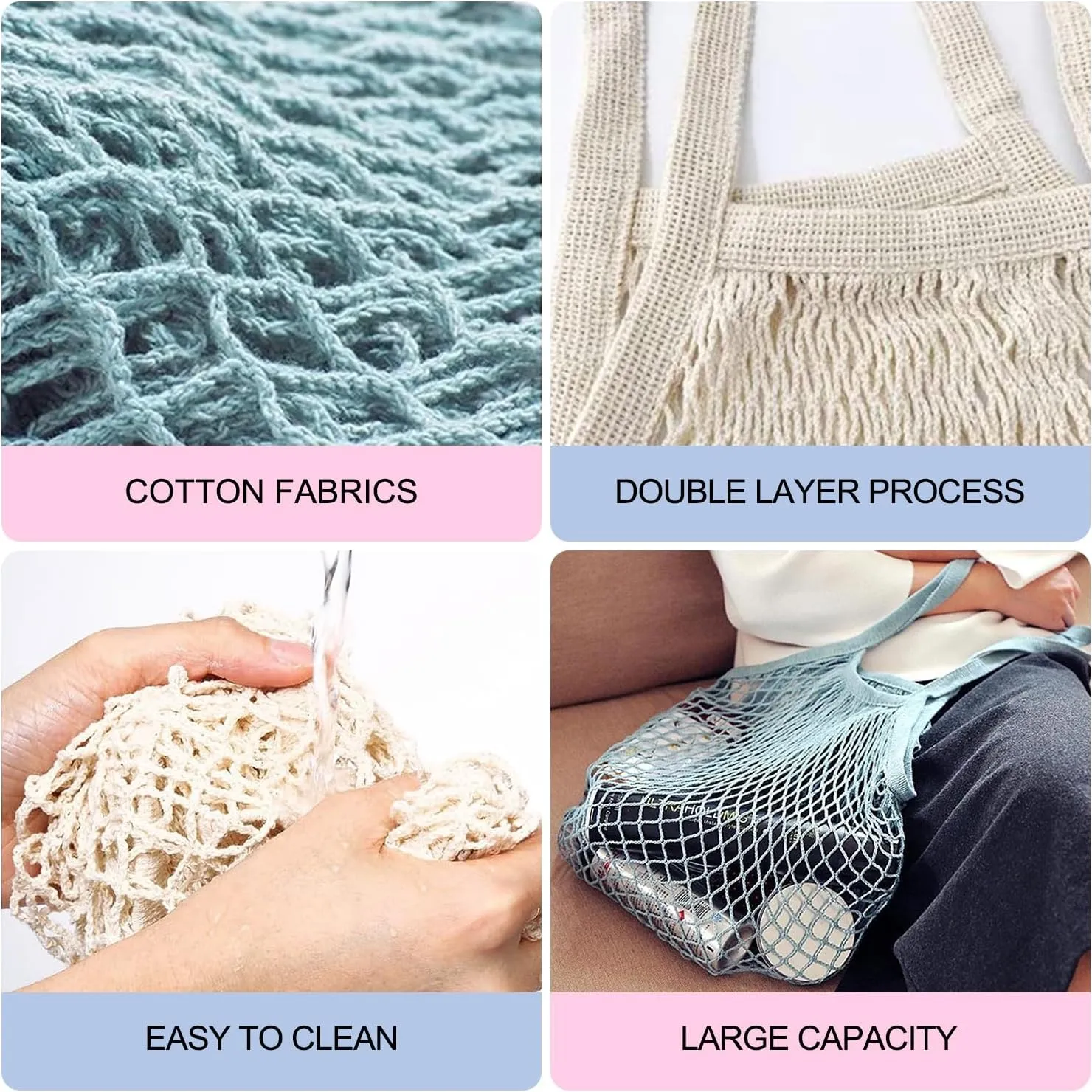 6PCS Net Shopping Bag Reusable Grocery Bags Net Storage Bag Long Handle Cotton Mesh Net Tote Bag Fruit Vegetable Net Bags Organizer