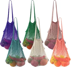6PCS Net Shopping Bag Reusable Grocery Bags Net Storage Bag Long Handle Cotton Mesh Net Tote Bag Fruit Vegetable Net Bags Organizer