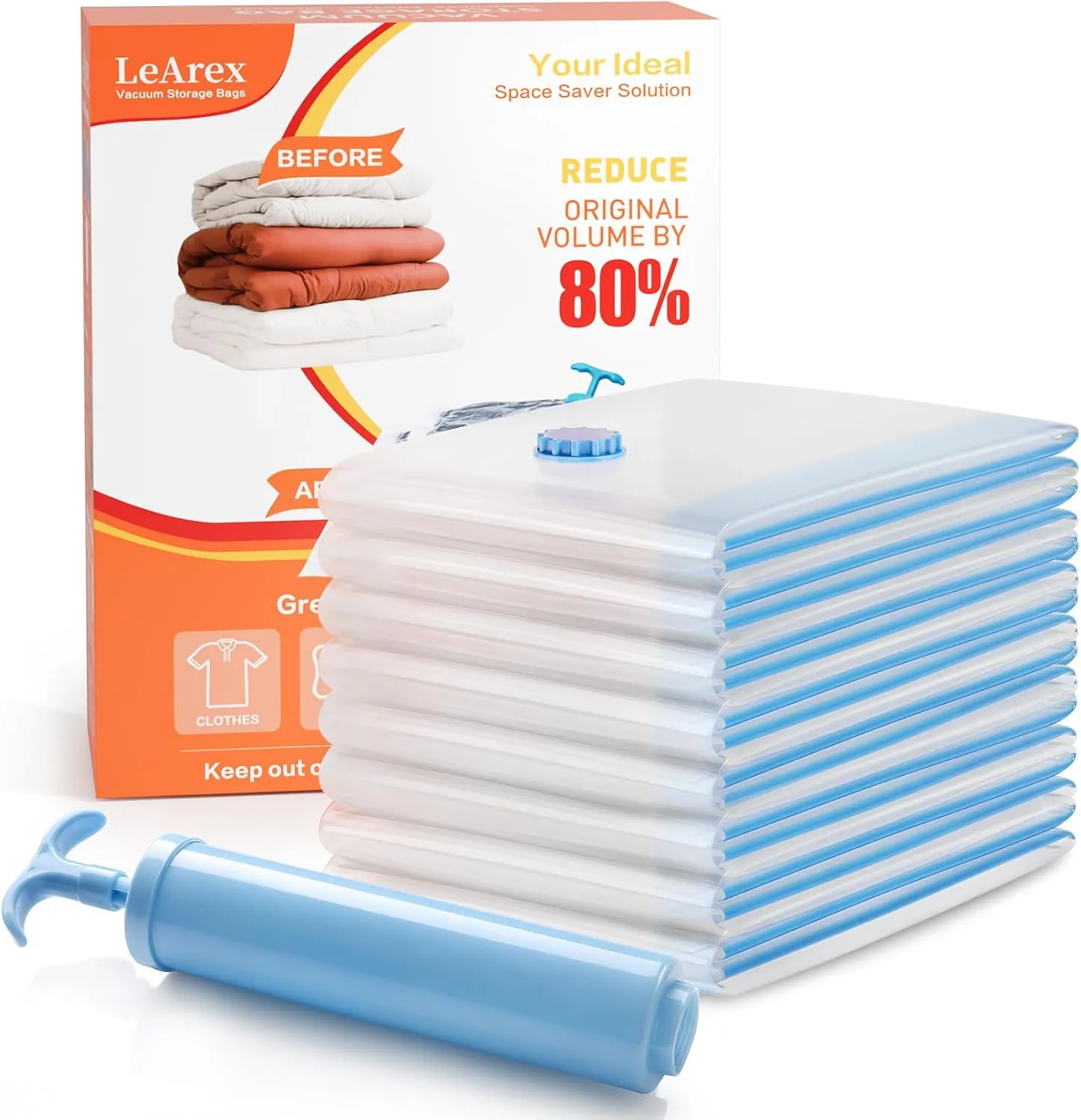 8 Pack Medium Vacuum Storage Bags, Space Saver Vacuum Bags For Travel, Vacuum Seal Bags For Clothing, Clothes, Pillows, Comforters, Blankets, Bedding And Luggage With Hand Pump